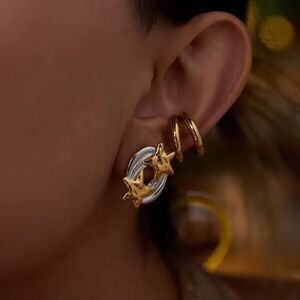 New ANTHRO 18k Gold Ss Silver Star Celestial Earrings